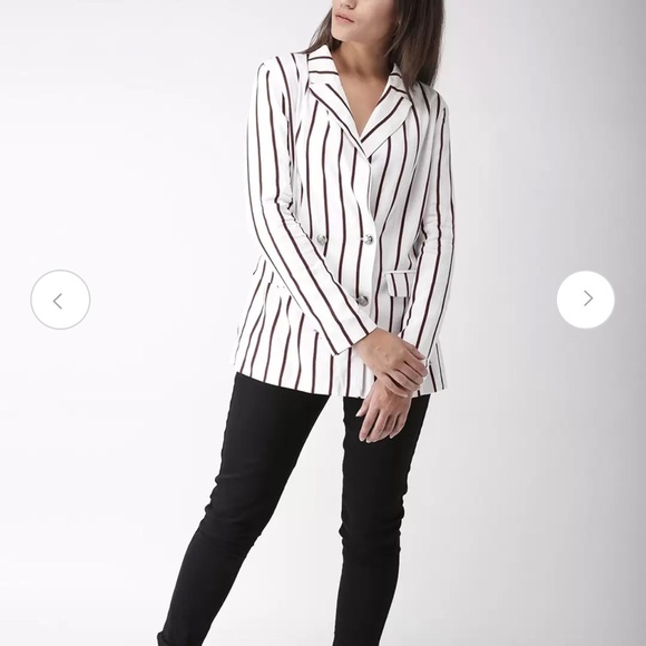 Forever 21 Contemporary White & Navy Blue Striped Double- Breasted Casual Blazer - Picture 2 of 13
